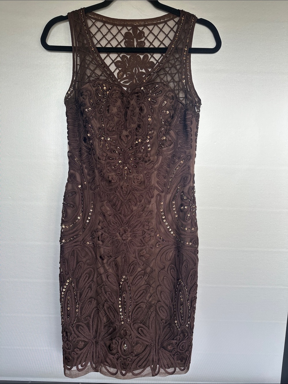 Sue Wong Chocolate Sz 6 Embellished Sleeveless Lace Dress Party Elegant Evening